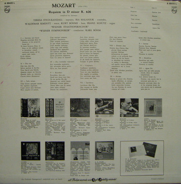 W. A. Mozart* / Teresa Stich-Randall, Ira Malaniuk, Waldemar Kmentt, Kurt Böhme, Franz Schütz, Wiener Staatsopernchor, Wiener Symphoniker, Karl Böhm : Requiem In D Minor K 626 (LP, Mono)
