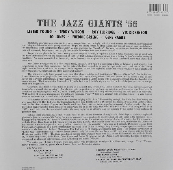 Lester Young, Teddy Wilson, Roy Eldridge, Vic Dickenson, Jo Jones, Freddie Green, Gene Ramey : The Jazz Giants '56 (LP, Album, Mono, RE)