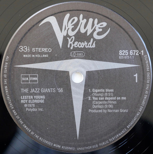 Lester Young, Teddy Wilson, Roy Eldridge, Vic Dickenson, Jo Jones, Freddie Green, Gene Ramey : The Jazz Giants '56 (LP, Album, Mono, RE)