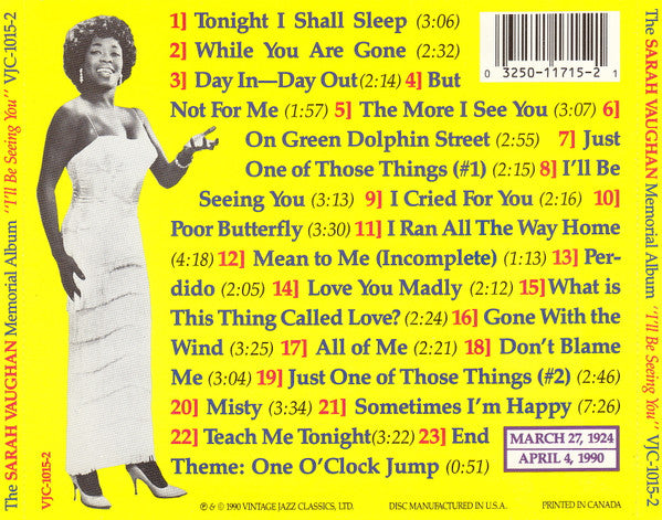 Sarah Vaughan, Duke Ellington, Count Basie, Nat King Cole, Joe Williams, Woody Herman : Memorial Album “I’ll Be Seeing You”  (CD, Album, Comp)