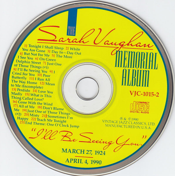 Sarah Vaughan, Duke Ellington, Count Basie, Nat King Cole, Joe Williams, Woody Herman : Memorial Album “I’ll Be Seeing You”  (CD, Album, Comp)