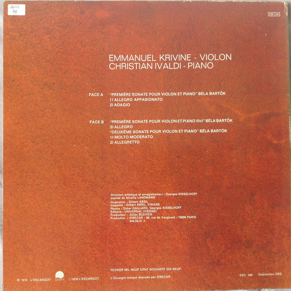 Béla Bartók - Emmanuel Krivine, Christian Ivaldi : Première Sonate Pour Violon Et Piano - Deuxième Sonate Pour Violon Et Piano (LP)