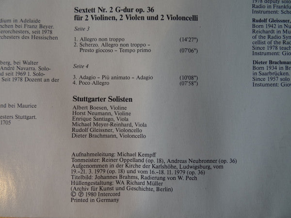 Johannes Brahms - Stuttgarter Solisten : Die Streichsextette - Streichsextett Nr. 1 B-Dur Op. 18 / Streichsextett Nr. 2 G-Dur Op. 36 (LP, Gat)