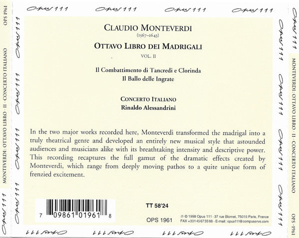 Claudio Monteverdi, Concerto Italiano, Rinaldo Alessandrini : Il Combattimento Di Tancredi E Clorinda / Ill Ballo Delle Ingrate (Ottavo Libro Vol II) (CD + CD, Comp)