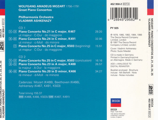 Wolfgang Amadeus Mozart, Philharmonia Orchestra, Vladimir Ashkenazy : Great Piano Concertos (2xCD, Comp)