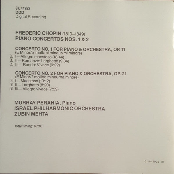 Murray Perahia, Israel Philharmonic Orchestra / Zubin Mehta : Chopin: Piano Concertos Nos. 1 & 2 (CD, Album)