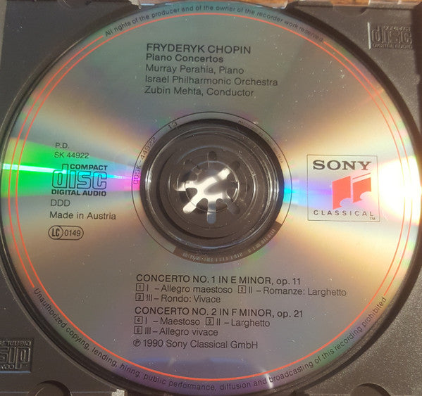 Murray Perahia, Israel Philharmonic Orchestra / Zubin Mehta : Chopin: Piano Concertos Nos. 1 & 2 (CD, Album)