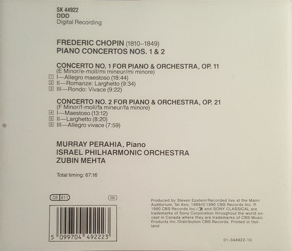 Murray Perahia, Israel Philharmonic Orchestra / Zubin Mehta : Chopin: Piano Concertos Nos. 1 & 2 (CD, Album)