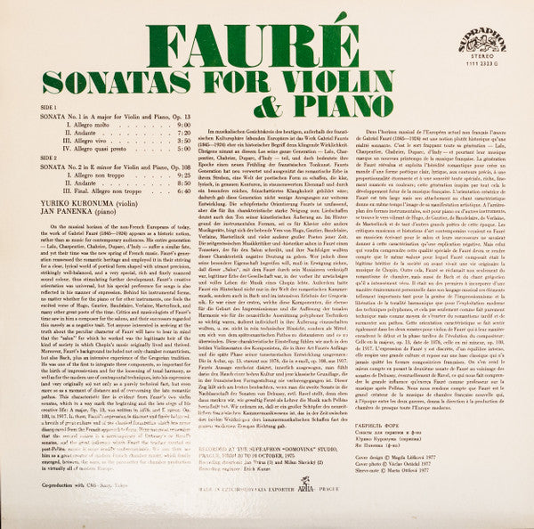 Gabriel Fauré – Yuriko Kuronuma & Jan Panenka : Sonatas For Violin & Piano (LP, RP)