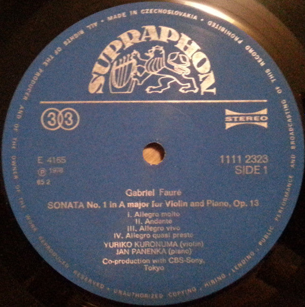 Gabriel Fauré – Yuriko Kuronuma & Jan Panenka : Sonatas For Violin & Piano (LP, RP)