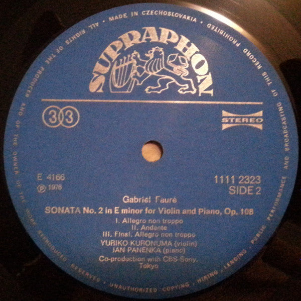 Gabriel Fauré – Yuriko Kuronuma & Jan Panenka : Sonatas For Violin & Piano (LP, RP)