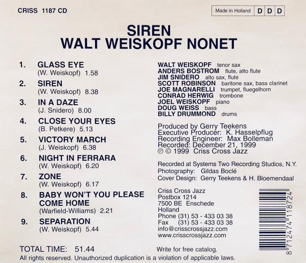 Walt Weiskopf Nonet : Siren (CD)