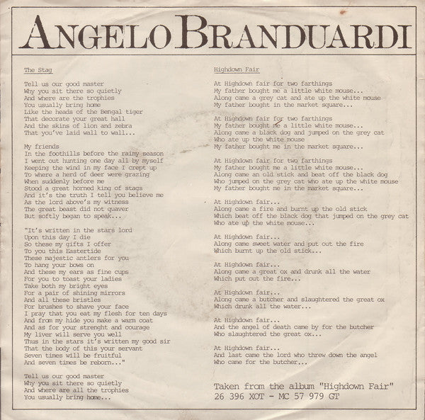 Angelo Branduardi : The Stag / Highdown Fair (7", Single)
