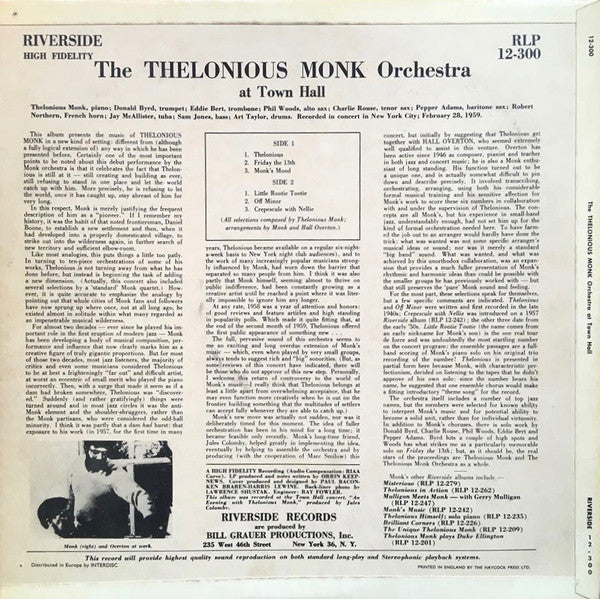 The Thelonious Monk Orchestra : At Town Hall (LP, Album, Mono)