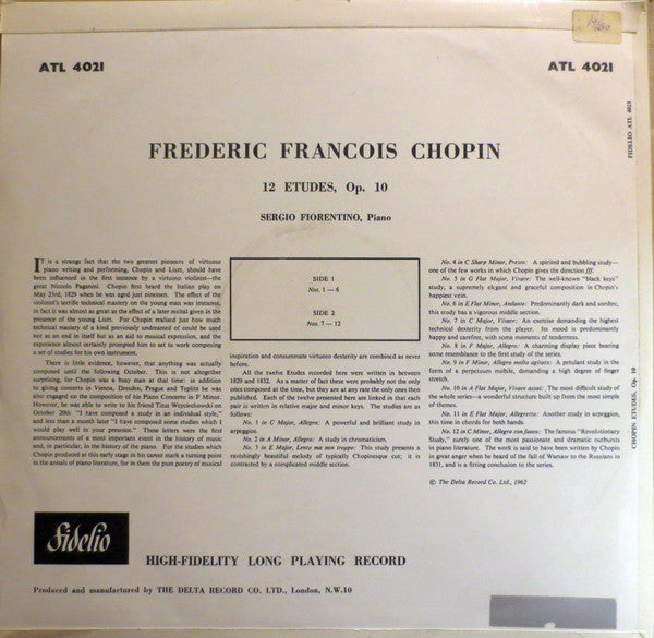 Frédéric Chopin, Sergio Fiorentino : Complete Etudes Vol.1 (LP, Album, Mono)