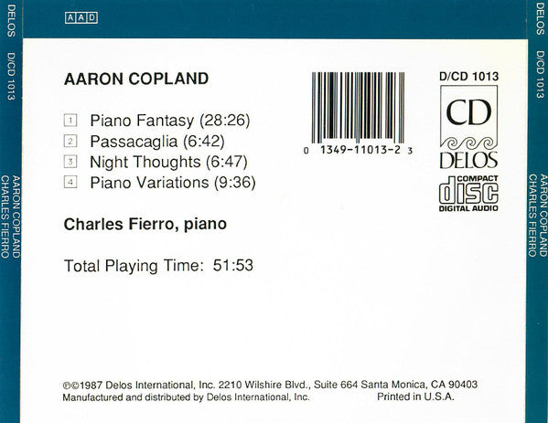 Aaron Copland - Charles Fierro : Piano Fantasy / Passacaglia / Night Thoughts / Piano Variations (CD, RE)