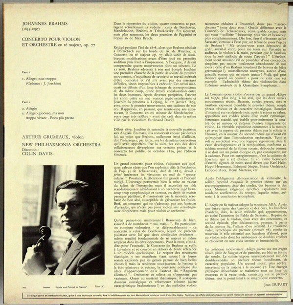 Johannes Brahms - Arthur Grumiaux, New Philharmonia Orchestra, Sir Colin Davis : Concerto Pour Violon, Op. 77 (LP, Gat)