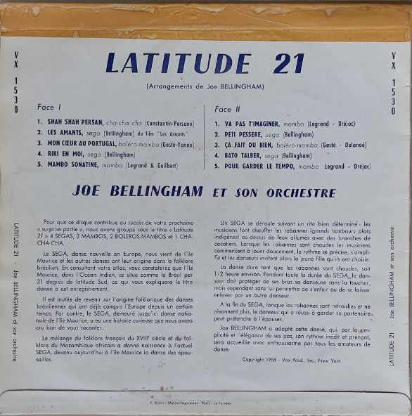 Joé Bellingham Et Son Orchestre : Latitude 21 (10", Album)