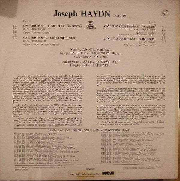 Joseph Haydn / Maurice André ; Georges Barboteu & Gilbert Coursier ; Marie-Claire Alain ; Orchestre De Chambre Jean-François Paillard, Jean-François Paillard : Concerto Pour Trompette En Mi Bémol Majeur / Concerto Pour 2 Cors En Mi Bémol Majeur / Concerto Pour Orgue En Ut Majeur (LP, Album)
