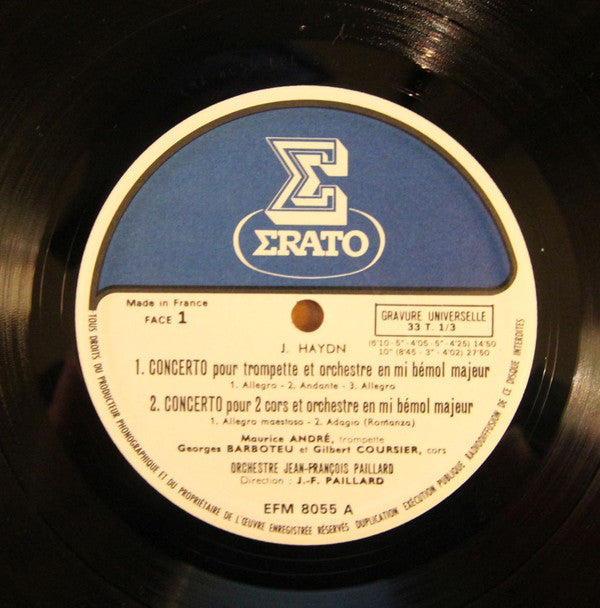 Joseph Haydn / Maurice André ; Georges Barboteu & Gilbert Coursier ; Marie-Claire Alain ; Orchestre De Chambre Jean-François Paillard, Jean-François Paillard : Concerto Pour Trompette En Mi Bémol Majeur / Concerto Pour 2 Cors En Mi Bémol Majeur / Concerto Pour Orgue En Ut Majeur (LP, Album)