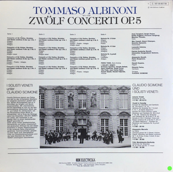 Tomaso Albinoni – Piero Toso, I Solisti Veneti, Claudio Scimone : Zwölf Concerti Op.5 (2xLP)