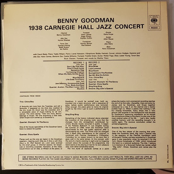 Benny Goodman : The Famous 1938 Carnegie Hall Jazz Concert  (2xLP, Gat)
