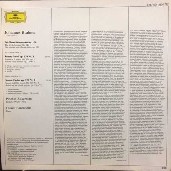 Johannes Brahms, Pinchas Zukerman ∙ Daniel Barenboim : Die Bratschensonaten = The Viola Sonatas, Op. 120 (LP, Album)
