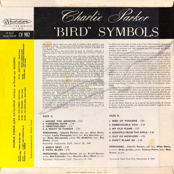 Charlie Parker : "Bird" Symbols (LP, Album, RE)