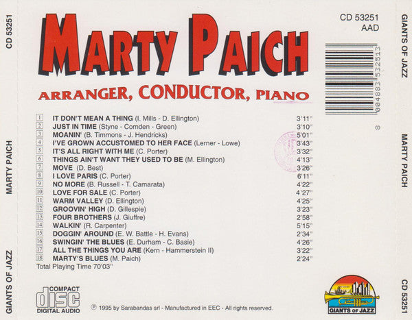 Marty Paich : Arranger, Conductor, Piano (CD, Comp)