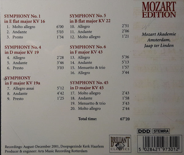 Wolfgang Amadeus Mozart / Mozart Akademie Amsterdam, Jaap ter Linden : Symphonies Vol.1 (5xCD, Album + Box, Sli)