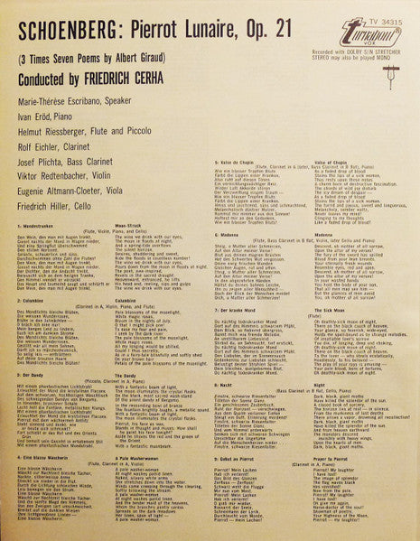 Schönberg*, Marie Therèse Escribano • Ivan Erod* • Friedrich Cerha : Pierrot Lunaire, Opus 21 (LP)