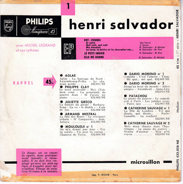 Henri Salvador : 1 - Pot Pourri (7", EP, Mono, RP)