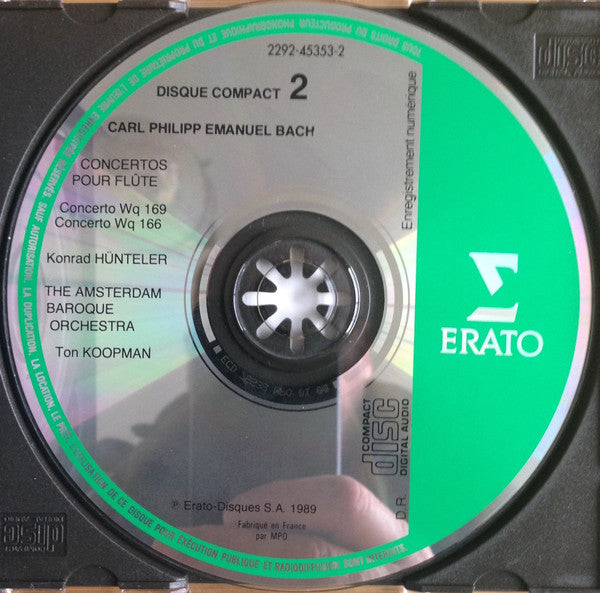 Carl Philipp Emanuel Bach – Konrad Hünteler, The Amsterdam Baroque Orchestra, Ton Koopman : Concerti Pour Flûte (2xCD, Album, RP)