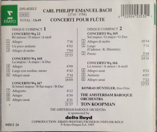 Carl Philipp Emanuel Bach – Konrad Hünteler, The Amsterdam Baroque Orchestra, Ton Koopman : Concerti Pour Flûte (2xCD, Album, RP)