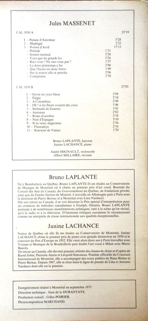 Jules Massenet - Bruno Laplante, Janine Lachance : Mélodies (LP, Album)