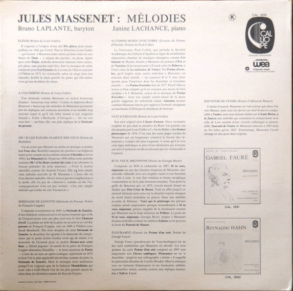 Jules Massenet - Bruno Laplante, Janine Lachance : Mélodies (LP, Album)