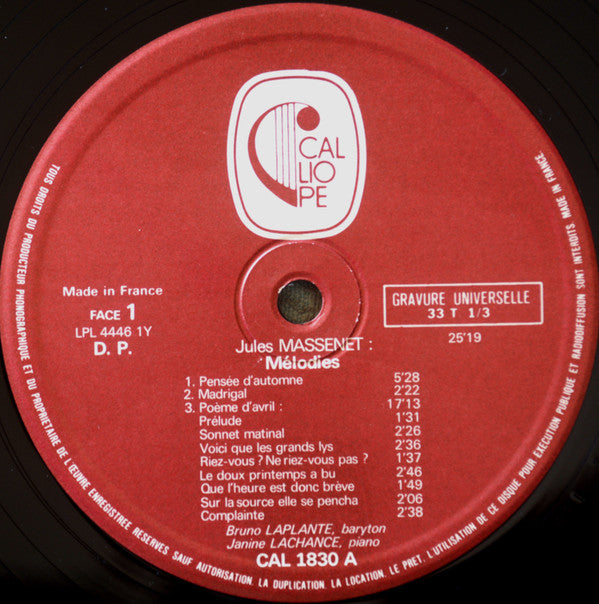 Jules Massenet - Bruno Laplante, Janine Lachance : Mélodies (LP, Album)