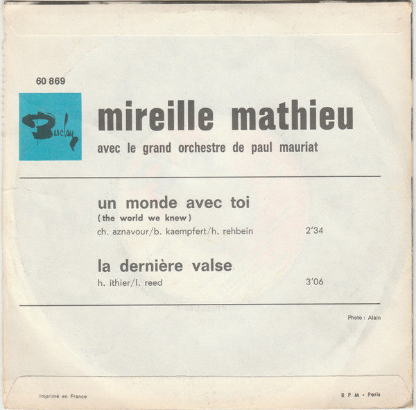 Mireille Mathieu : Un Monde Avec Toi / La Dernière Valse (7", Single, Ltd, Promo)