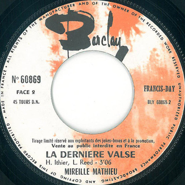 Mireille Mathieu : Un Monde Avec Toi / La Dernière Valse (7", Single, Ltd, Promo)