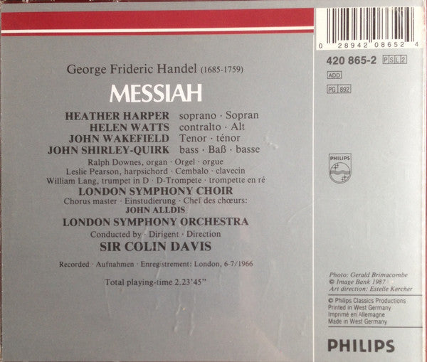 Georg Friedrich Händel, Heather Harper, Helen Watts, John Wakefield - John Shirley-Quirk, London Symphony Orchestra And London Symphony Chorus, Sir Colin Davis : Messiah (2xCD, RE, RM)