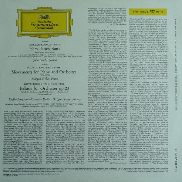 Ferenc Fricsay, Zoltán Kodály, Igor Stravinsky, Gottfried von Einem : Háry-János-Suite / Movements For Piano And Orchestra / Ballade Für Orchester Op. 23 (LP, Album, Mono)