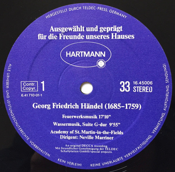 Georg Friedrich Händel - The Academy Of St. Martin-in-the-Fields / Dirigent: Sir Neville Marriner : Feuerwerksmusik / Wassermusik (LP, Club, S/Edition, Gat)