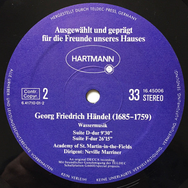 Georg Friedrich Händel - The Academy Of St. Martin-in-the-Fields / Dirigent: Sir Neville Marriner : Feuerwerksmusik / Wassermusik (LP, Club, S/Edition, Gat)