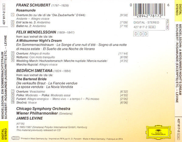 Felix Mendelssohn-Bartholdy / Franz Schubert / James Levine (2) : Ein Sommernachtstraum / A Midsummer Night's Dream / Le Songe D'une Nuit D'été - Rosamunde (Ausschnitte - excerpts - extraits) (CD, Comp)