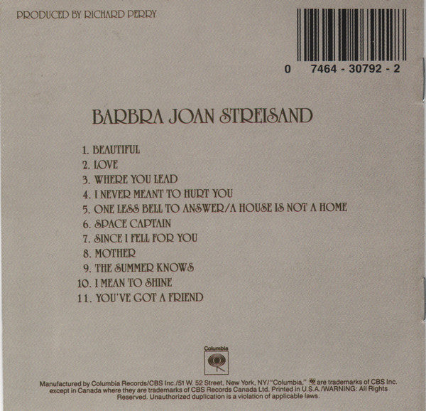 Barbra Streisand : Barbra Joan Streisand (CD, Album, RM)