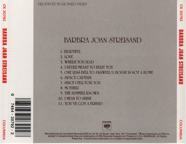 Barbra Streisand : Barbra Joan Streisand (CD, Album, RM)
