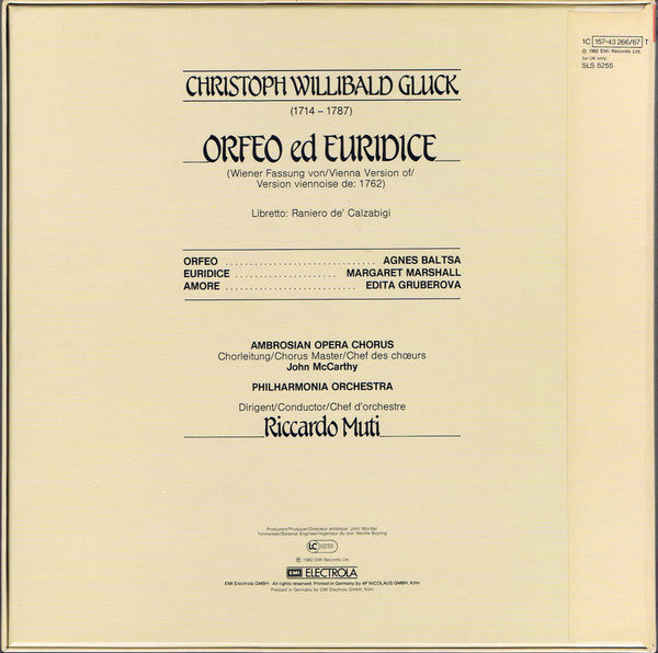 Christoph Willibald Gluck — Agnes Baltsa, Margaret Marshall, Edita Gruberova, The Ambrosian Opera Chorus, Philharmonia Orchestra / Riccardo Muti : Orfeo Ed Euridice (Wiener Fassung 1762) (2xLP + Box)