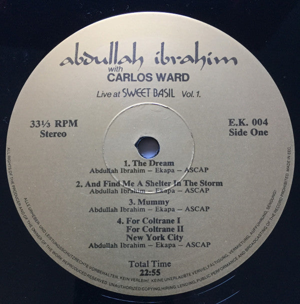 Abdullah Ibrahim With Carlos Ward : Live At Sweet Basil Vol. 1. (LP, Album)