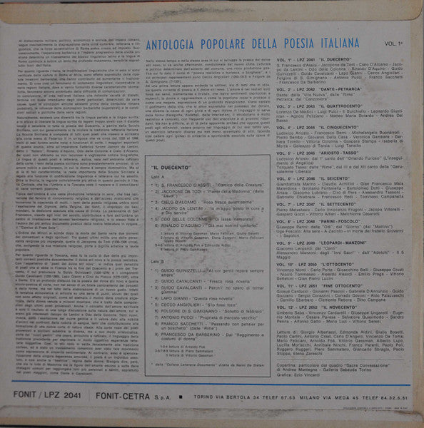 Various : Antologia Popolare Della Poesia Italiana - Volume I, Il Duecento (LP, Comp)