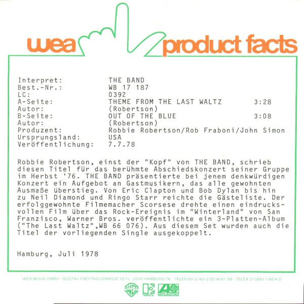 The Band : The Last Waltz (Original Titelmelodie Aus Dem Gleichnamigen Film) (7", Single)